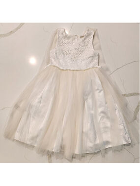 White Lace Tulle Dress Girls Size 8 Pearls Bow Wedding Pageant Formal Communion